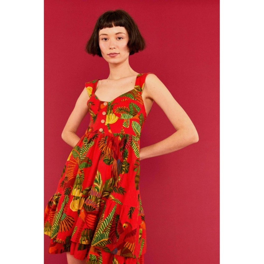 Farm Rio Red Forest Birds Mini Dress M Red Linen Blend Birds Tiered Hem Pockets - Picture 6 of 9